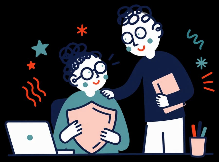 Ilustracja: Kobieta przy biurku trzyma tarczę, a koleżanka ją wspiera.