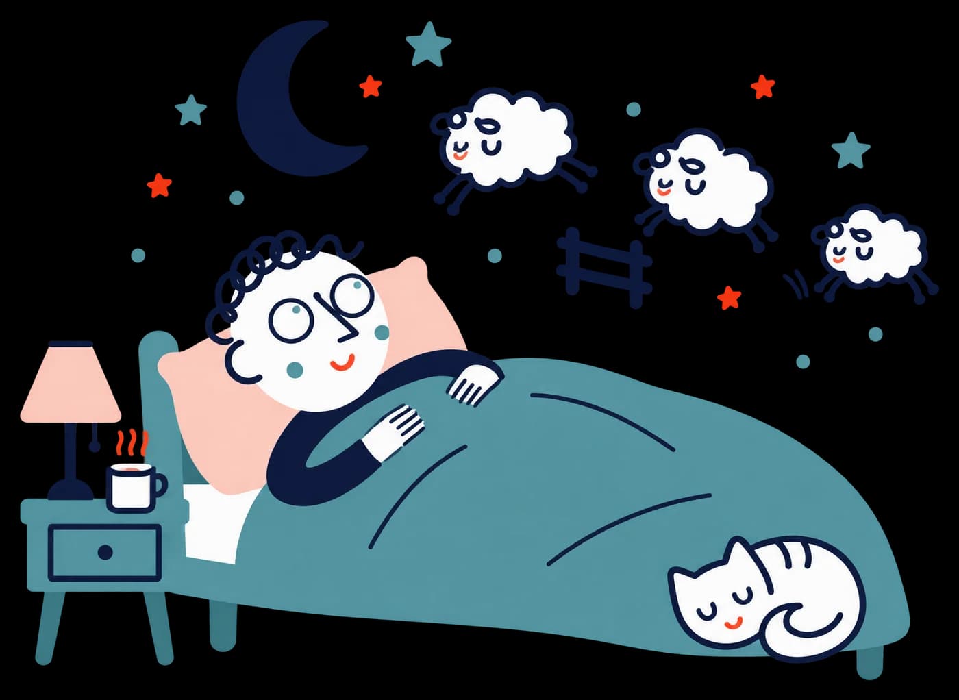 Ilustracja: osoba w łóżku pod kocem, księżyc, owieczki i śpiący kot