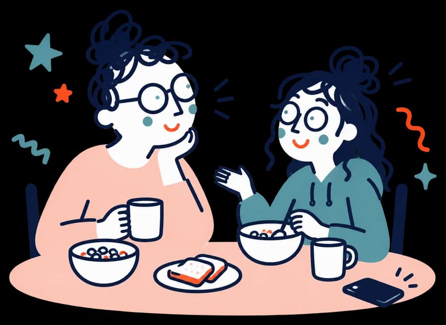 Ilustracja: Rodzic i nastolatka jedzą razem śniadanie przy kuchennym stole i rozmawiają.