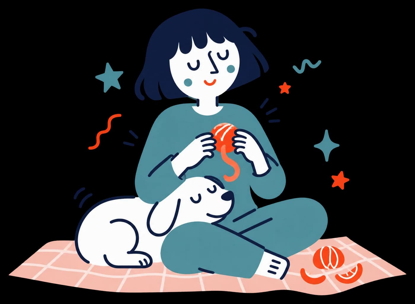 Ilustracja: Młoda kobieta na kocu piknikowym obiera pomarańczę, obok pies