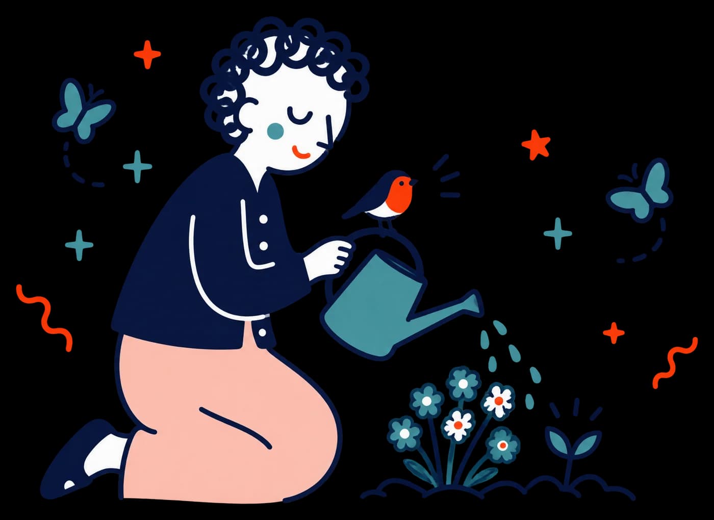 Ilustracja: starsza kobieta podlewa niezapominajki, na konewce rudzik