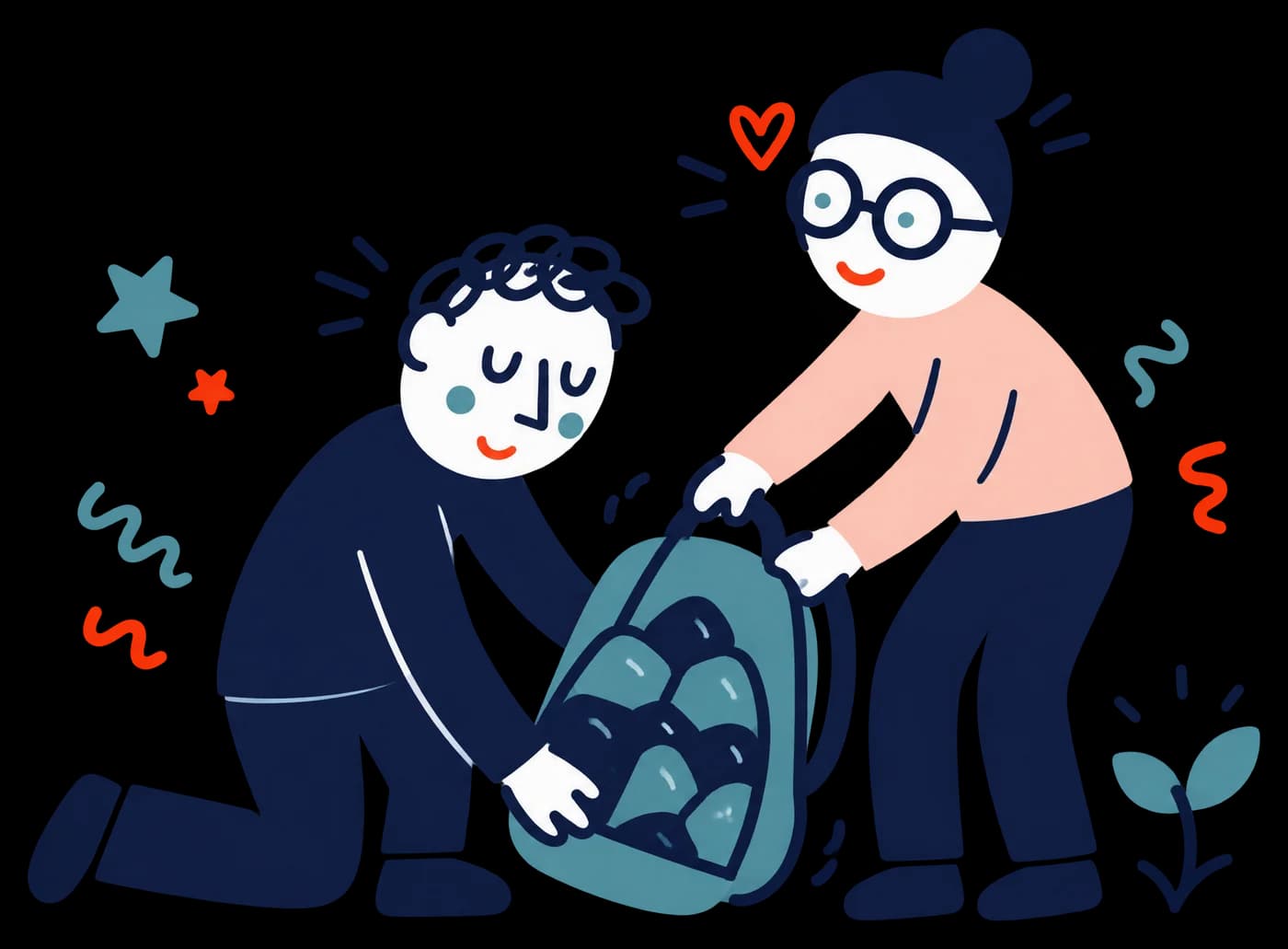 Ilustracja: Przyjaciel pomaga mężczyźnie zdjąć ciężki plecak