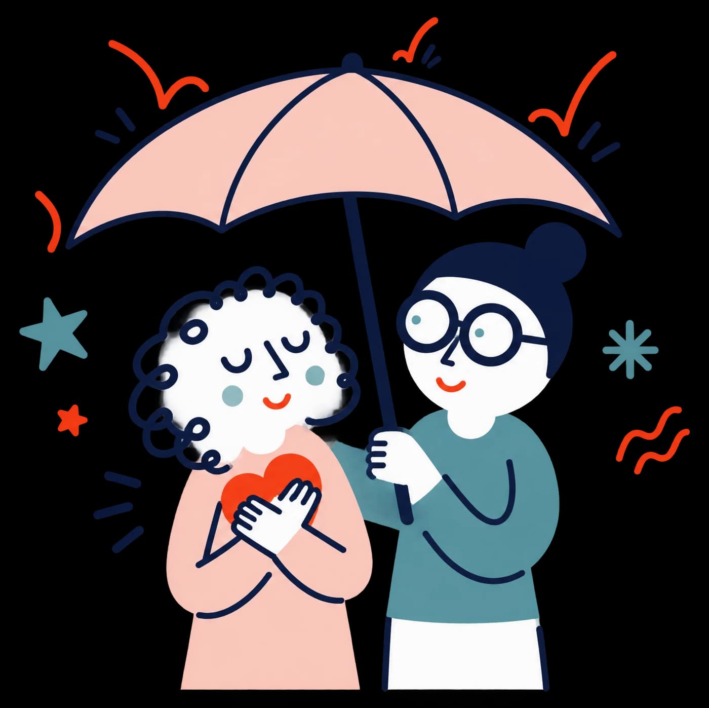 Ilustracja: Przyjaciółka osłania kobietę parasolem, kobieta trzyma tarczę w kształcie serca