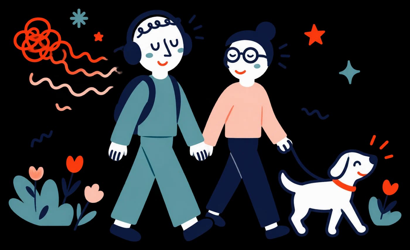 Ilustracja: Osoba w słuchawkach spaceruje z przyjacielem i psem
