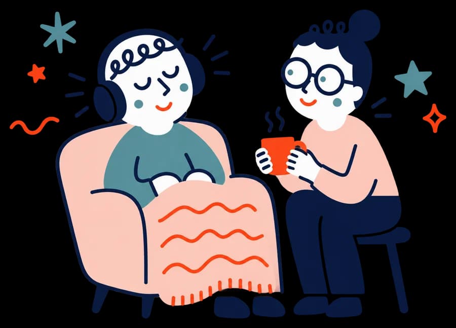 Ilustracja: Dorosły w słuchawkach wygodnie siedzi w fotelu, obok siedzi przyjaciel.