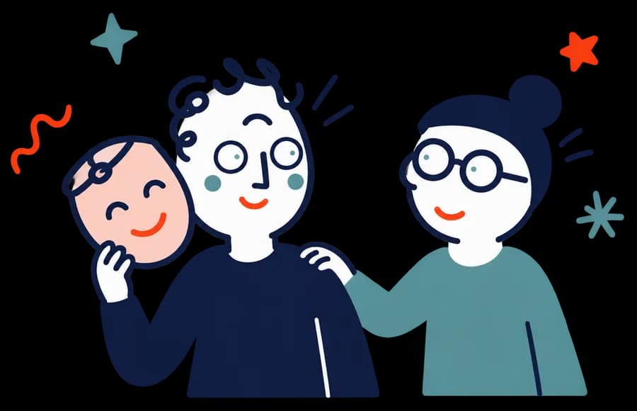 Ilustracja: Mężczyzna zdejmuje maskę, a przyjaciel kiwa głową ze zrozumieniem.