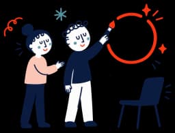 Ilustracja: klient pędzlem domyka koło, terapeutka go wspiera, obok puste krzesło