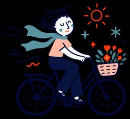 Ilustracja: uśmiechnięta kobieta jedzie na rowerze z koszykiem pełnym kwiatów, szalik powiewa na wietrze