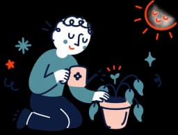 Ilustracja: osoba podlewa zwiędłą roślinę, z której wyrasta nowy listek