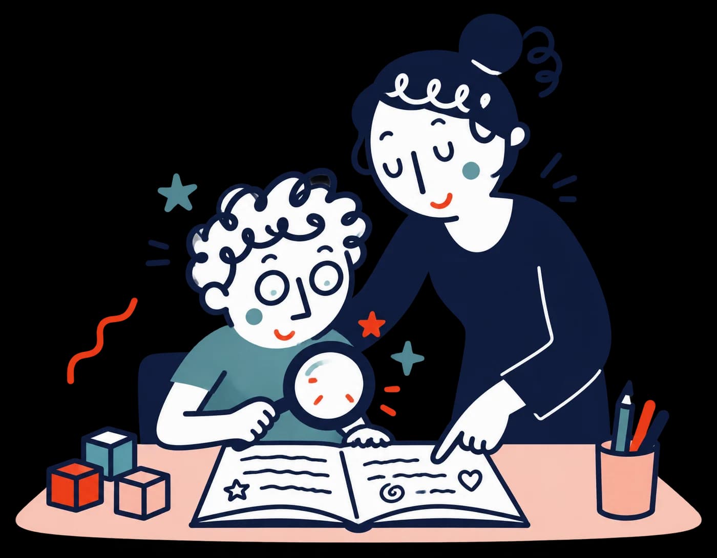 Ilustracja: dziecko z lupą nad książką, mama pomaga w nauce