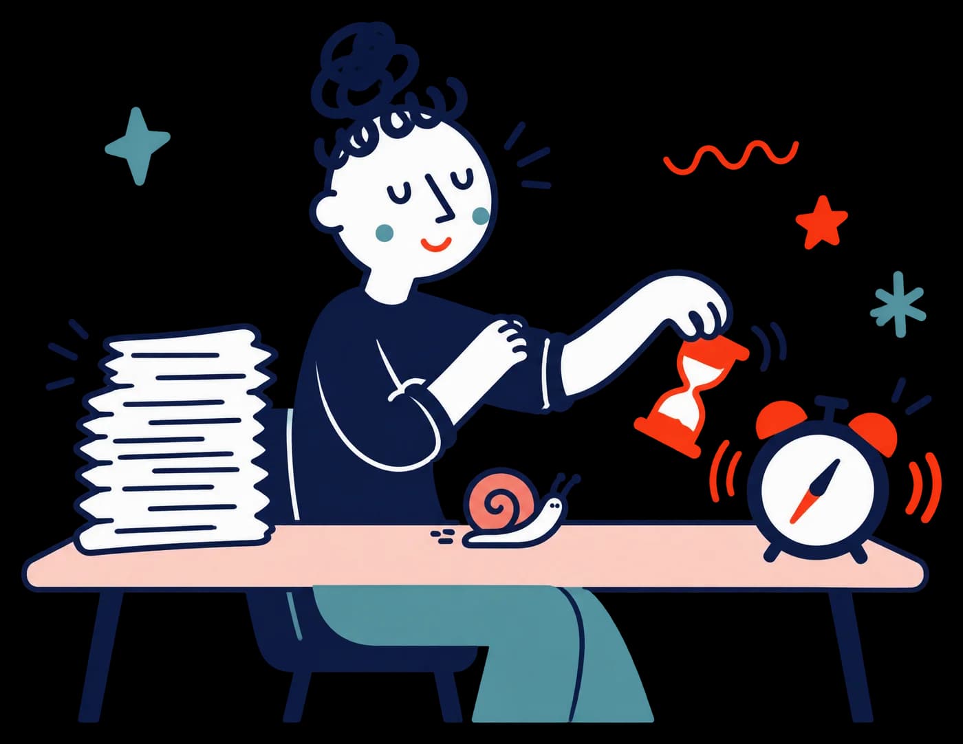 Ilustracja: osoba przy biurku z budzikiem i ślimakiem odwraca klepsydrę
