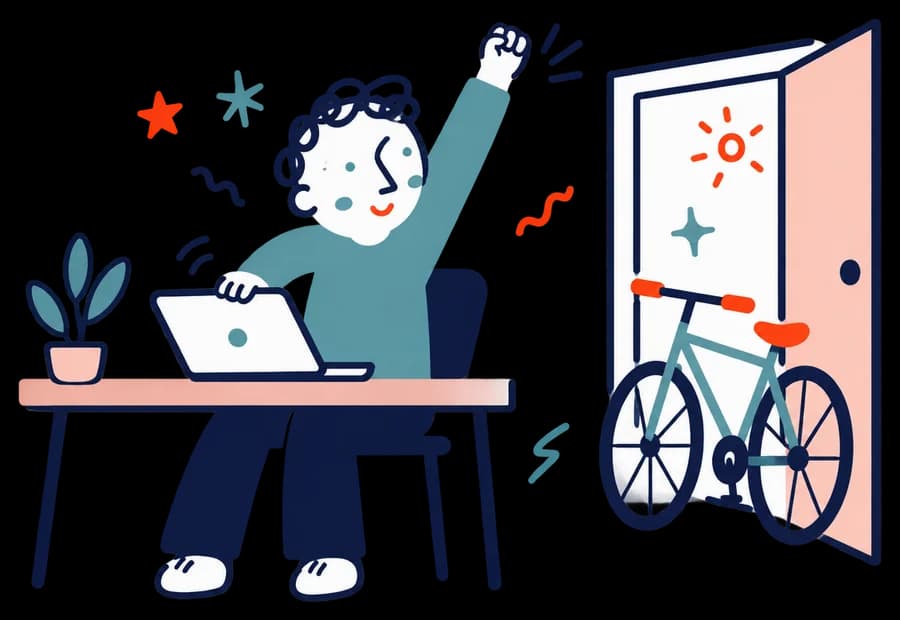 Ilustracja: Osoba zamyka laptopa i przeciąga się, a obok czeka rower.