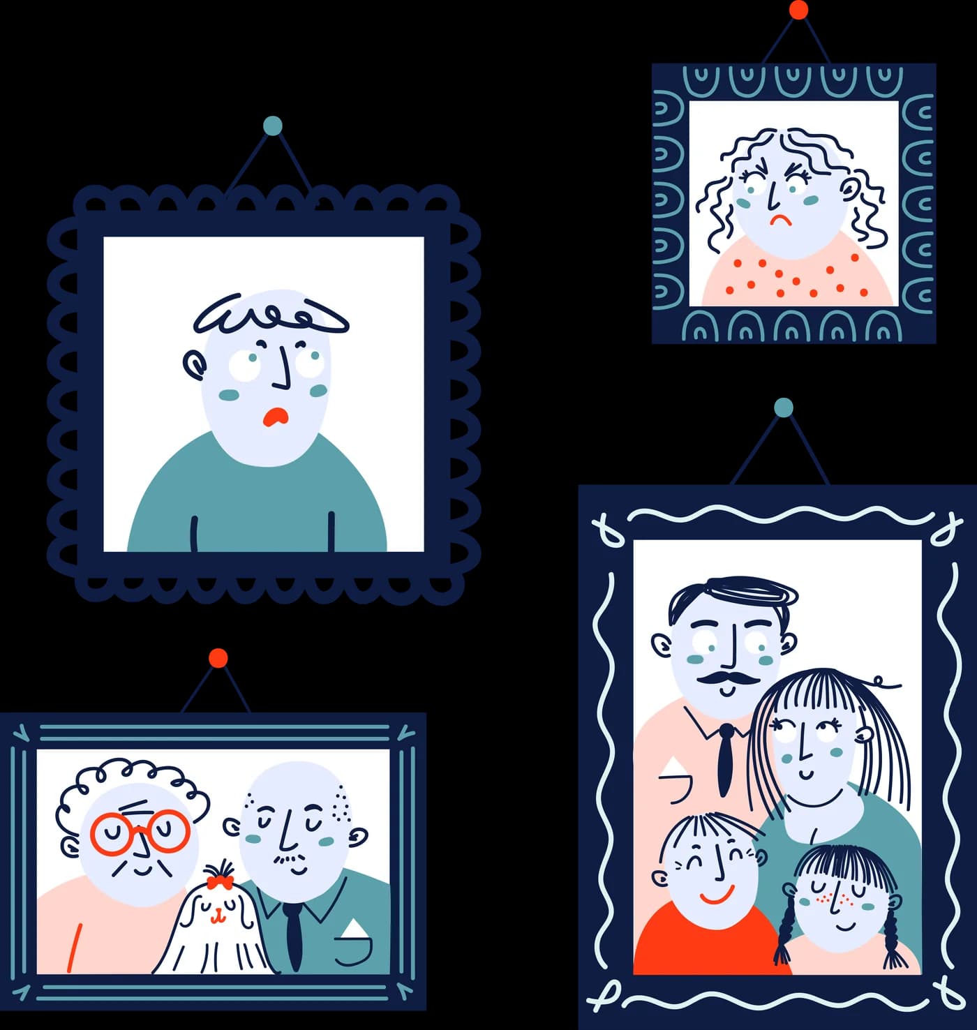 Ilustracja: cztery portrety rodzinne w ramkach - zaniepokojony mężczyzna, zła kobieta, dziadkowie z pieskiem i rodzina z dziećmi