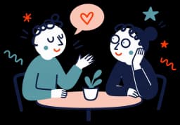 Ilustracja: para przy stoliku, jedna osoba mówi, druga uważnie słucha