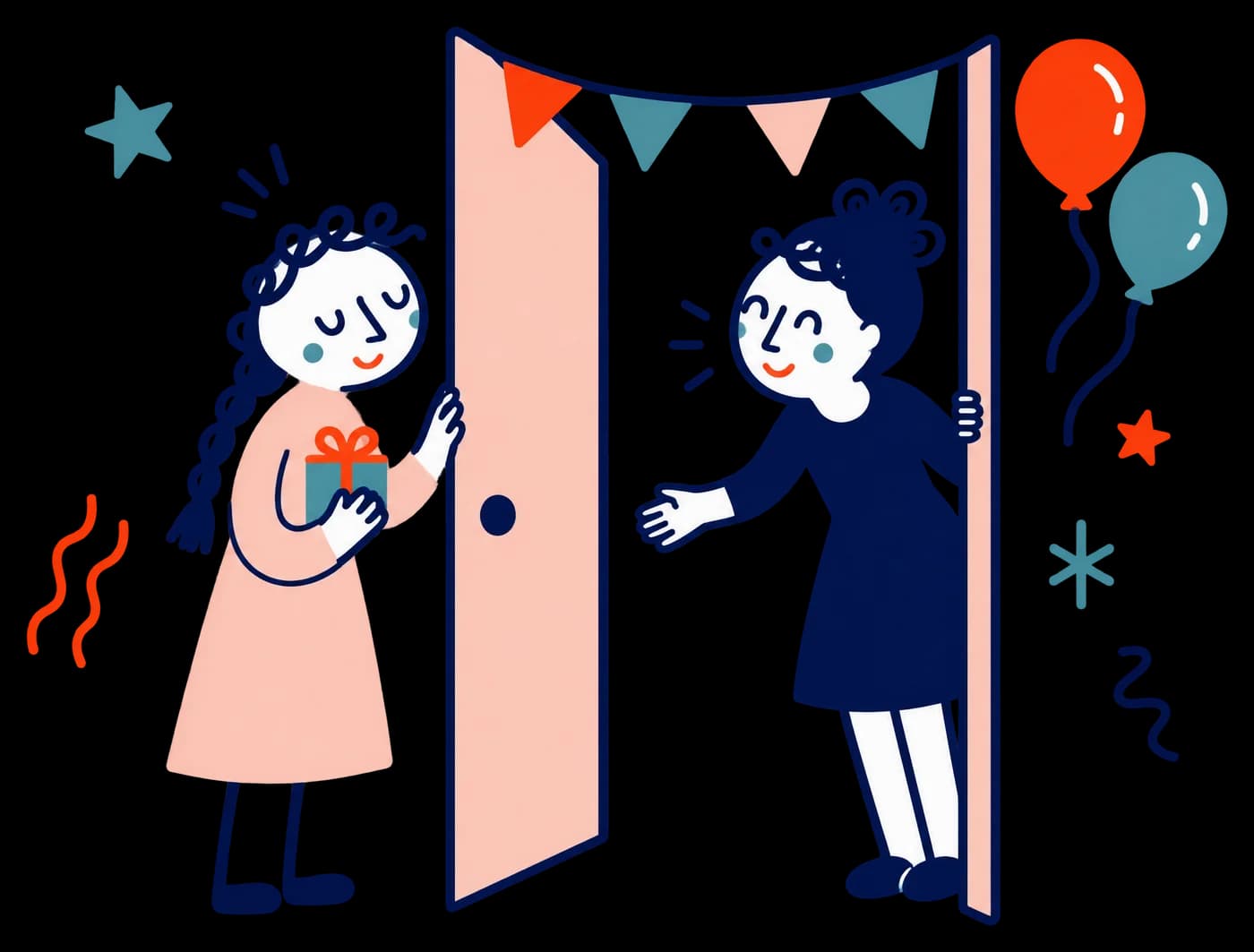 Ilustracja: nieśmiała dziewczyna w progu, przyjaciółka zaprasza do środka