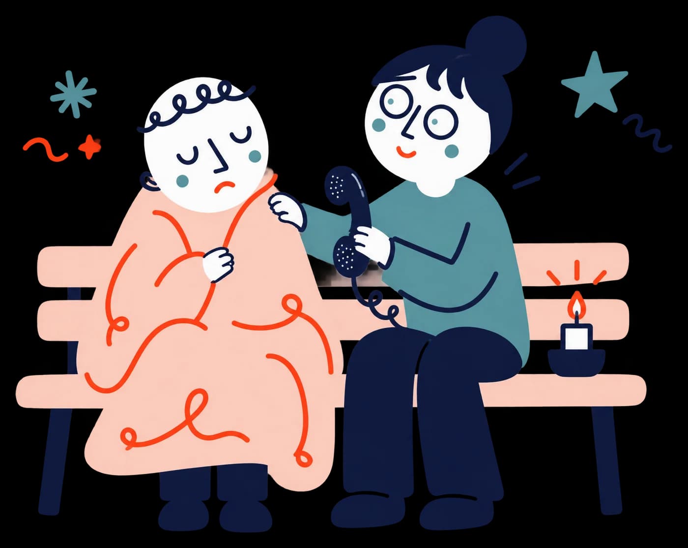 Ilustracja: osoba otulona kocem na ławce, przyjaciółka podaje słuchawkę telefonu, obok świeczka