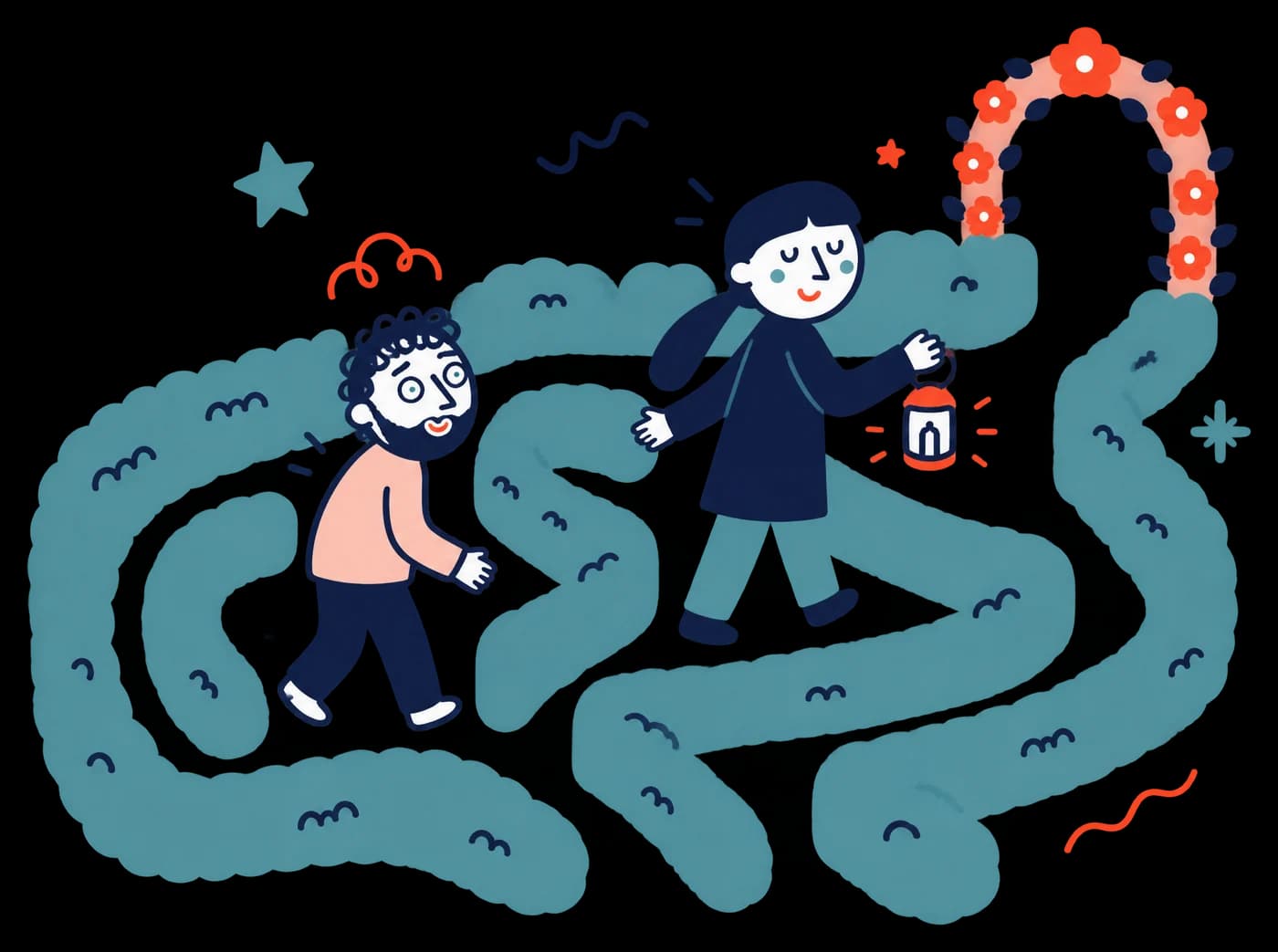 Ilustracja: przewodniczka z latarenką prowadzi mężczyznę przez labirynt