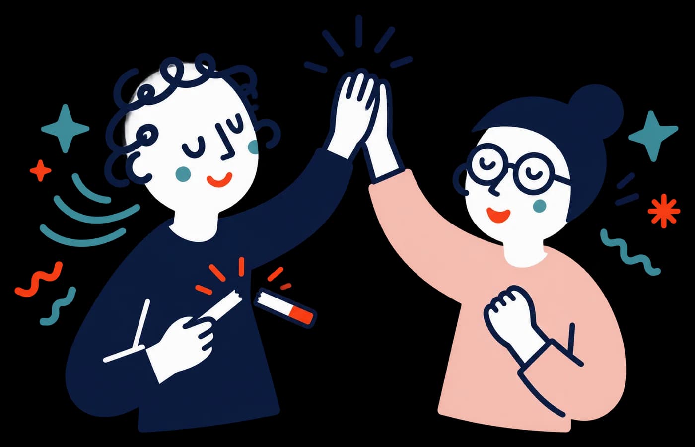 Ilustracja: Kobieta łamie papierosa, przyjaciółka przybija jej piątkę
