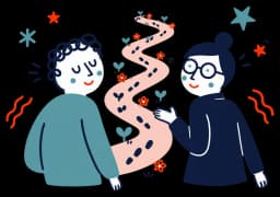 Ilustracja: klient i terapeutka oglądają się z uśmiechem na krętą ścieżkę z odciskami stóp, wzdłuż której wyrosły kwiaty