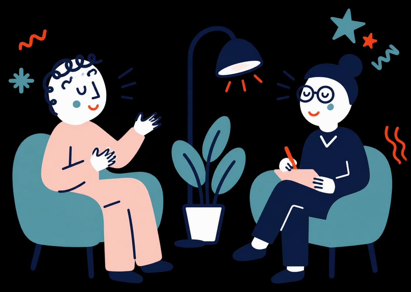 Ilustracja: Rozmowa z terapeutą w fotelach