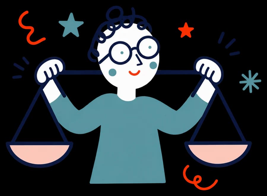 Ilustracja: Osoba trzyma zrównoważoną wagę sprawiedliwości.