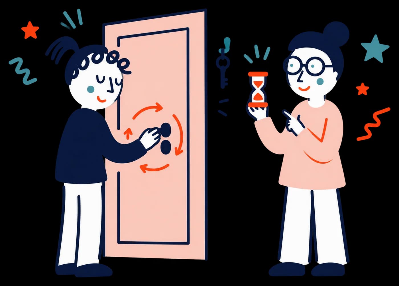Ilustracja: kobieta sprawdza klamkę drzwi, terapeutka pokazuje klepsydrę