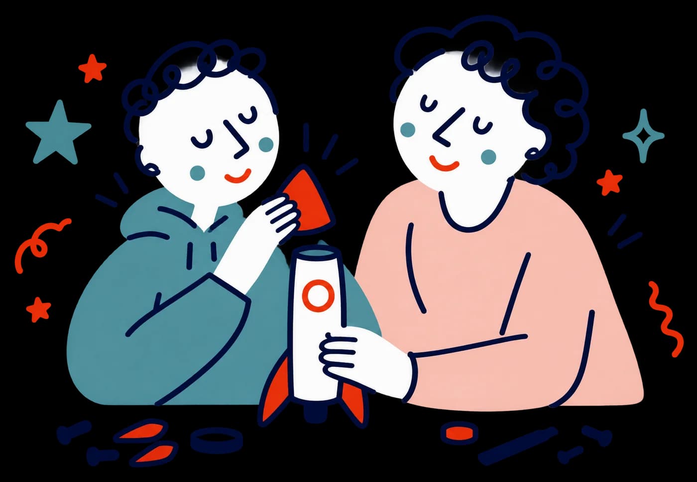 Ilustracja: skupiony nastolatek składa model rakiety, rodzic siedzi obok, przytrzymuje rakietę i uśmiecha się z zachętą