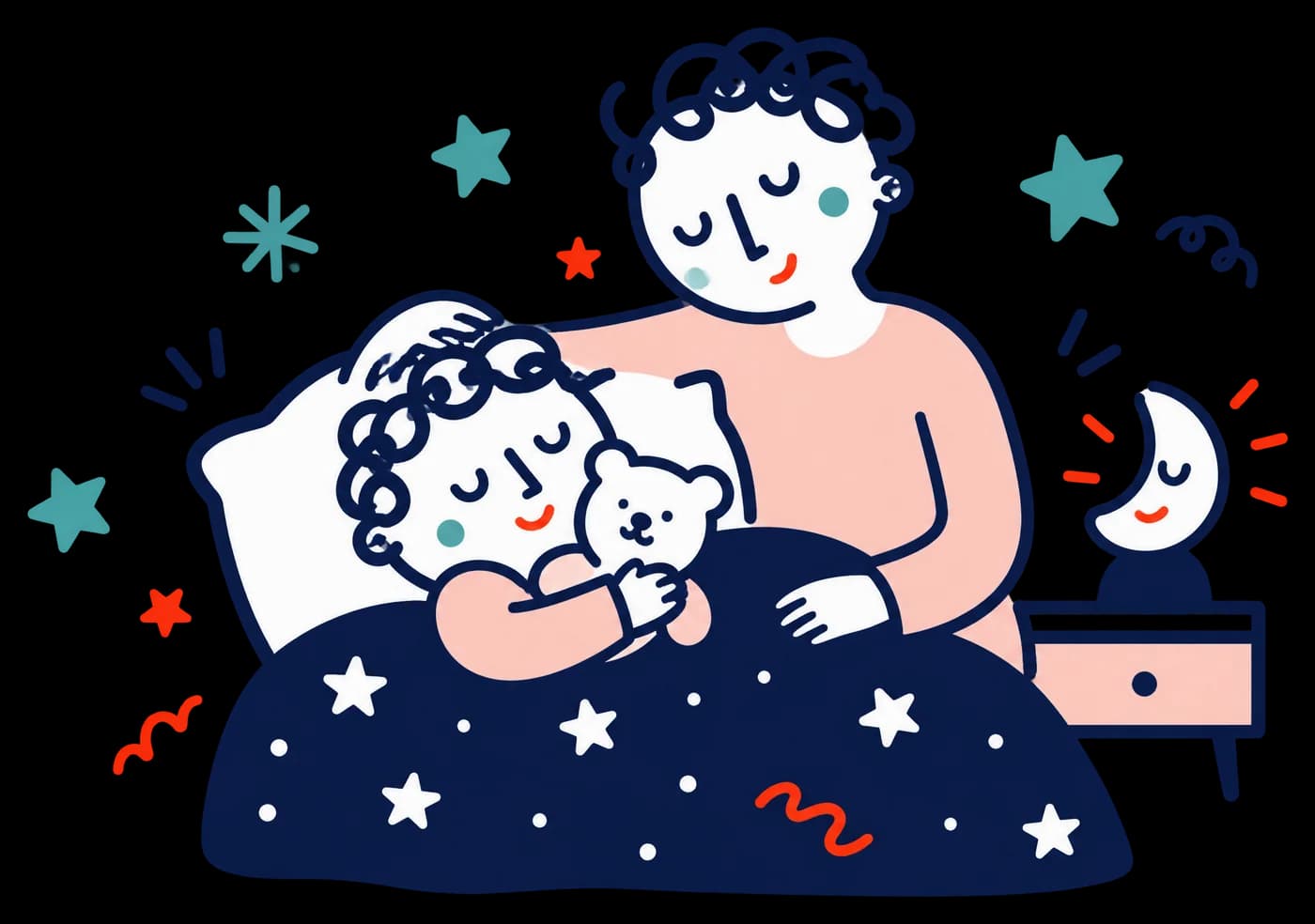 Ilustracja: Dziecko spokojnie śpi w łóżku z misiem przy lampce w kształcie księżyca