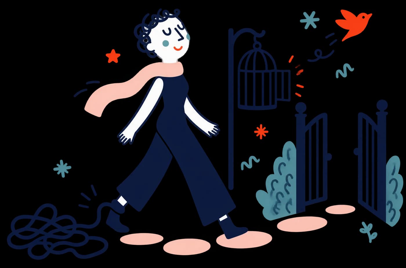 Ilustracja: kobieta wychodzi ze splątanej liny w stronę otwartej furtki, ptak wylatuje z klatki