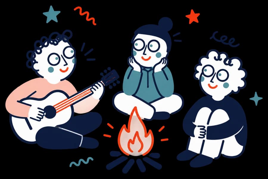 Ilustracja: Troje przyjaciół siedzi przy ognisku, jeden gra na gitarze.