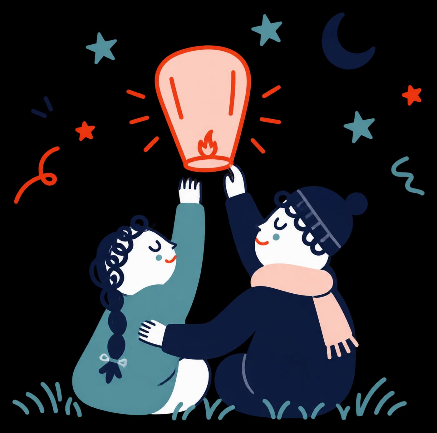 Ilustracja: rodzeństwo wspólnie puszcza lampion w nocne niebo