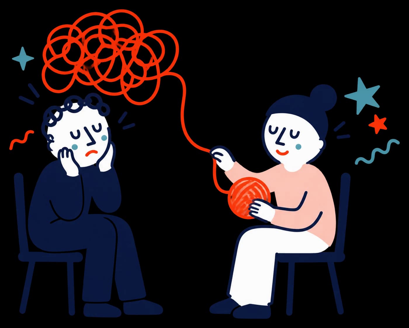 Ilustracja: Przyjaciel zwija splątane myśli w kłębek włóczki