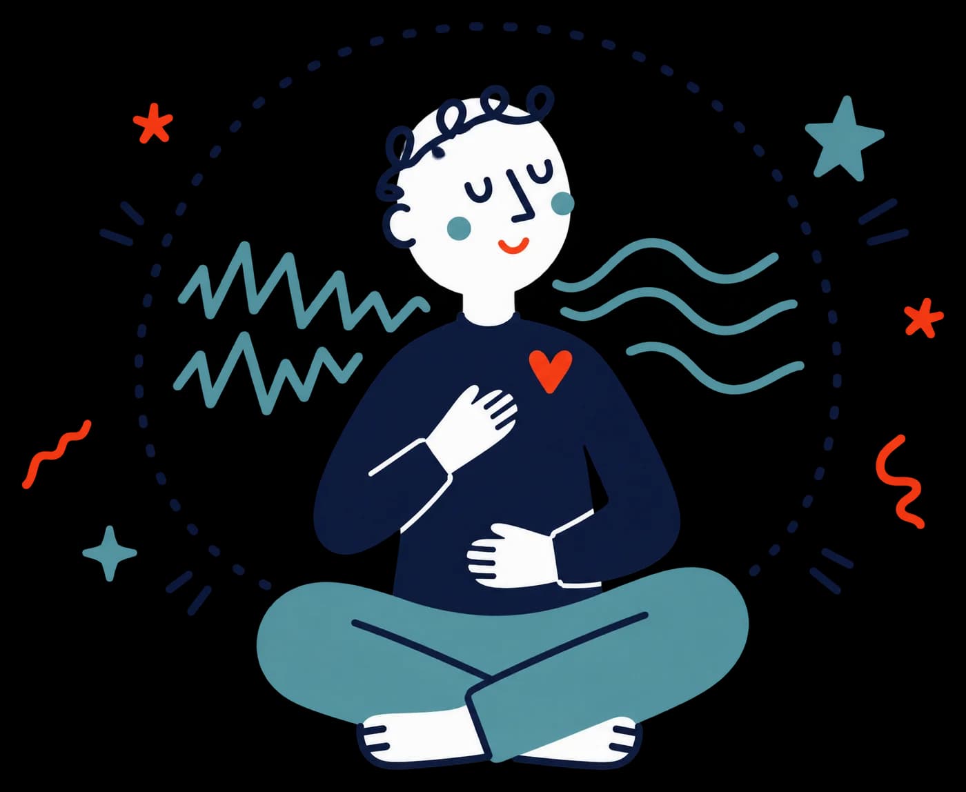 Ilustracja: osoba siedzi po turecku i spokojnie oddycha, fale się wygładzają