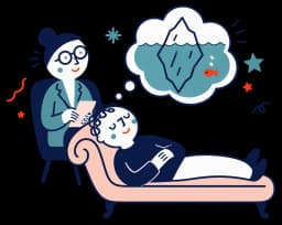 Ilustracja: klient na kozetce, analityczka słucha, w dymku góra lodowa pod wodą