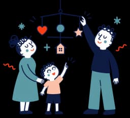 Ilustracja: rodzina z dzieckiem wspólnie patrzy na wiszącą karuzelę z serduszkiem, gwiazdką i domkiem, tata wyrównuje jej równowagę