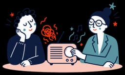 Ilustracja: specjalistka stroi radio, a szum zamienia się w spokojną melodię