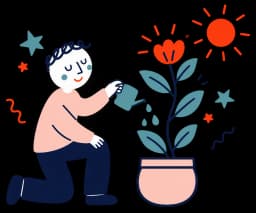 Ilustracja: osoba klęczy i podlewa wysoką roślinę, która rośnie w stronę słońca i rozkwita